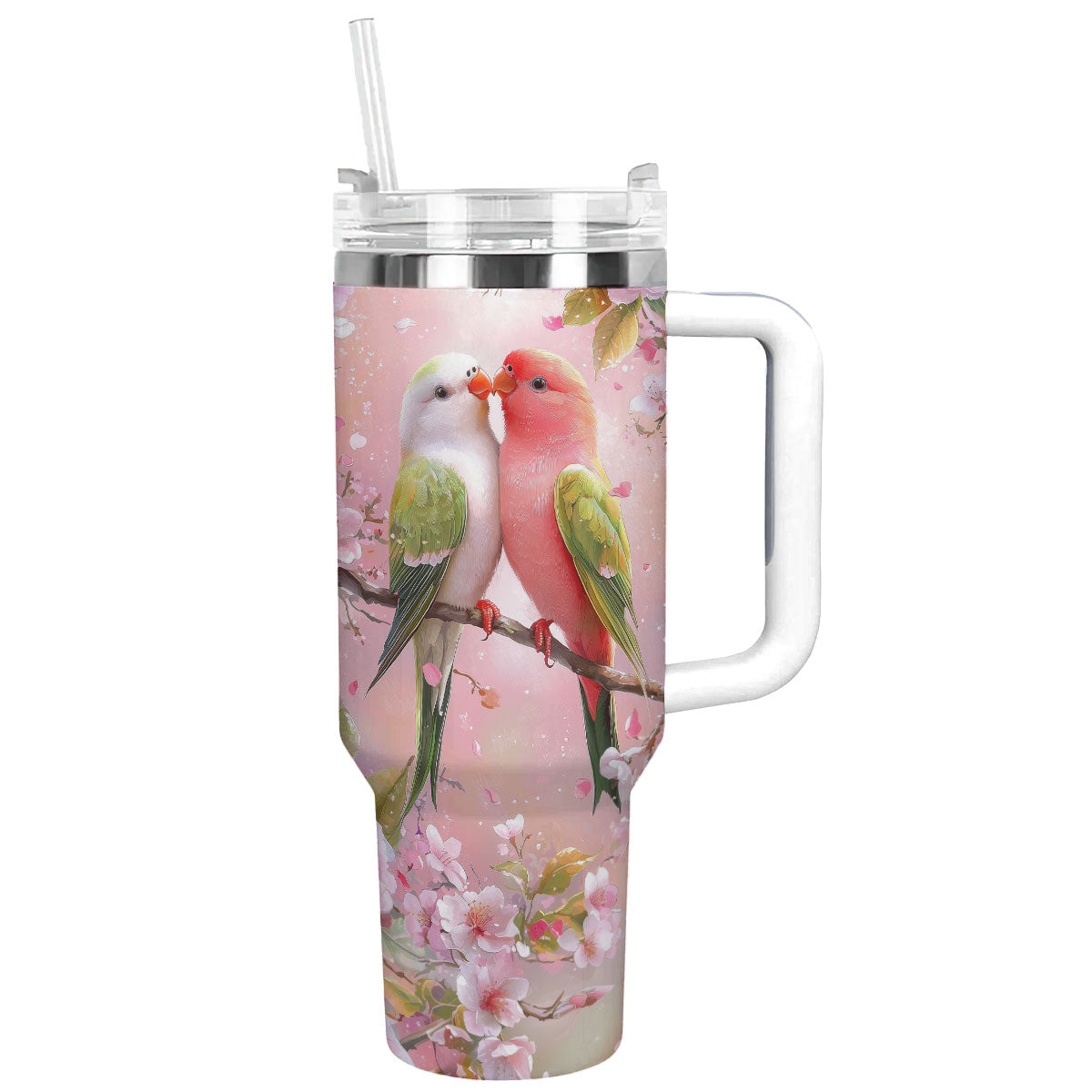 Valentine's Day Love Birds Custom Stanley Quencher 40oz Stainless Steel Tumbler With Handle