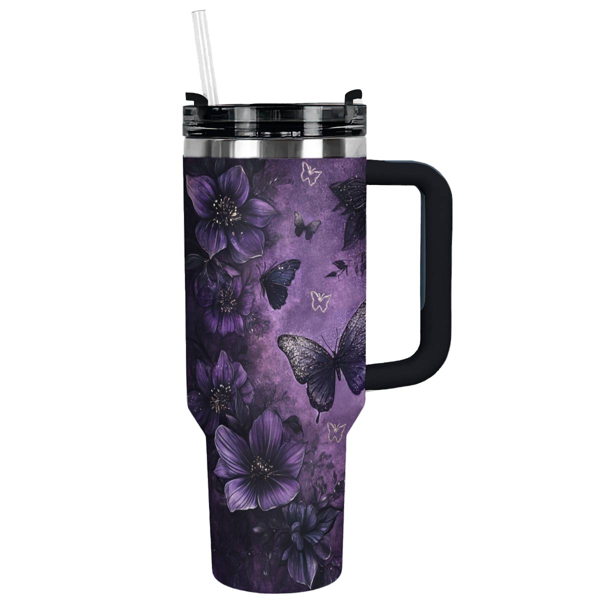Violet Passion Butterfly Custom Stanley Quencher 40oz Stainless Steel Tumbler With Handle