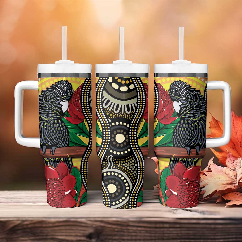 Waratah And Banksian Cockatoo Aboriginal Art Custom Stanley Quencher 40oz Stainless Steel Tumbler With Handle