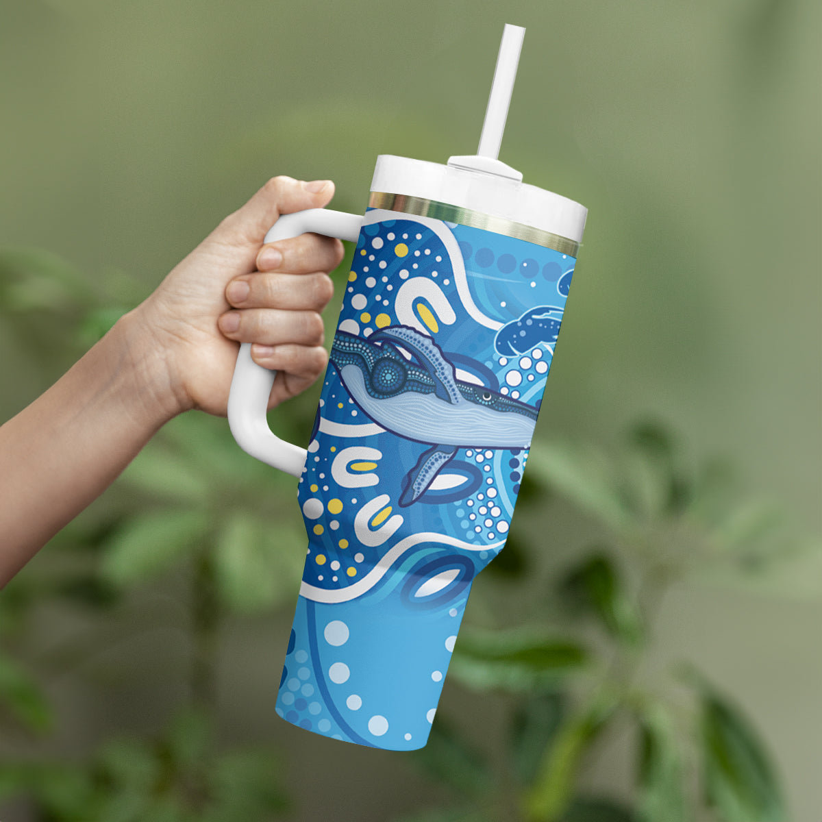 Whale In The Ocean Aboriginal Dot Art Custom Stanley Quencher 40oz Stainless Steel Tumbler With Handle