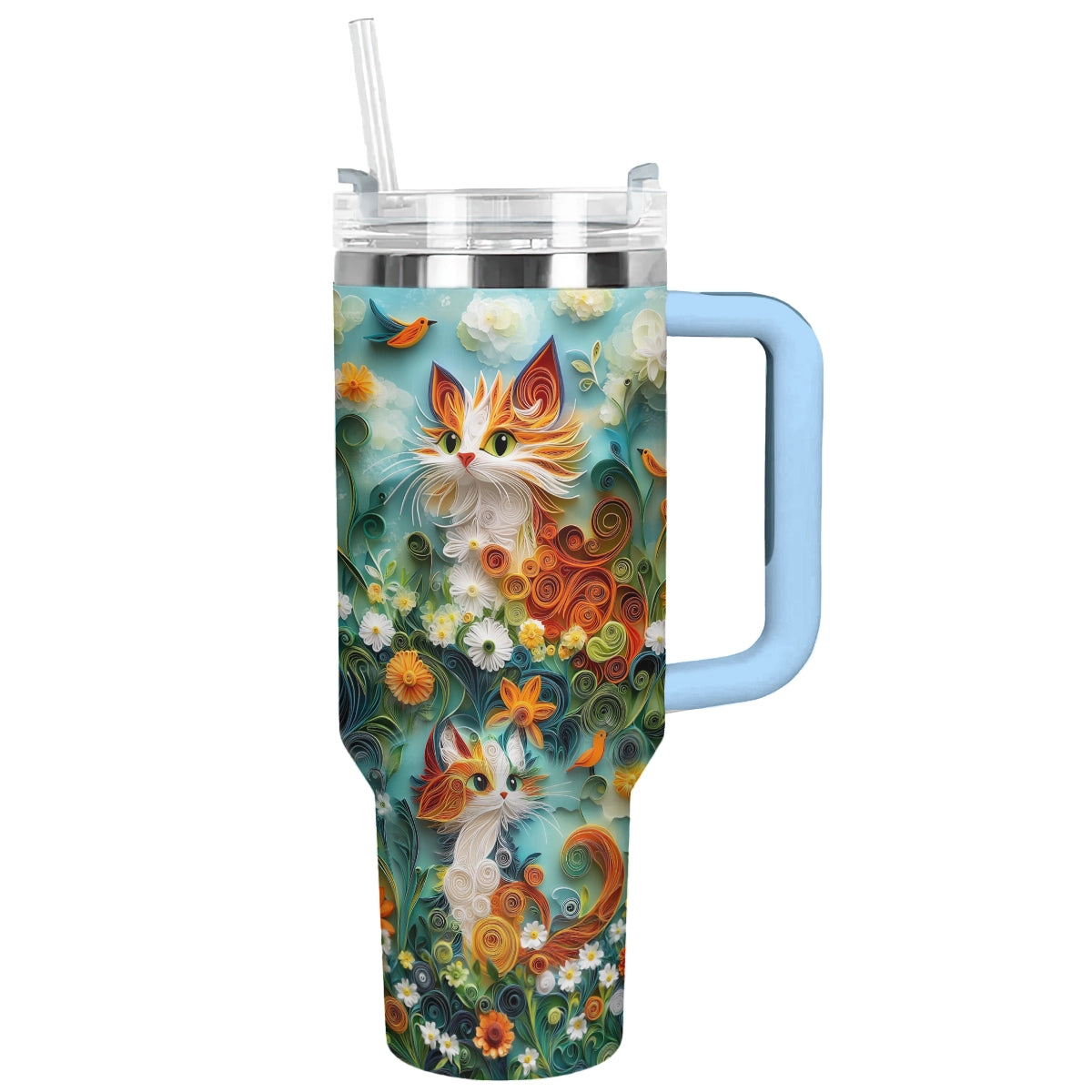 Whimsical Feathered Cat Custom Stanley Quencher 40oz Stainless Steel Tumbler With Handle