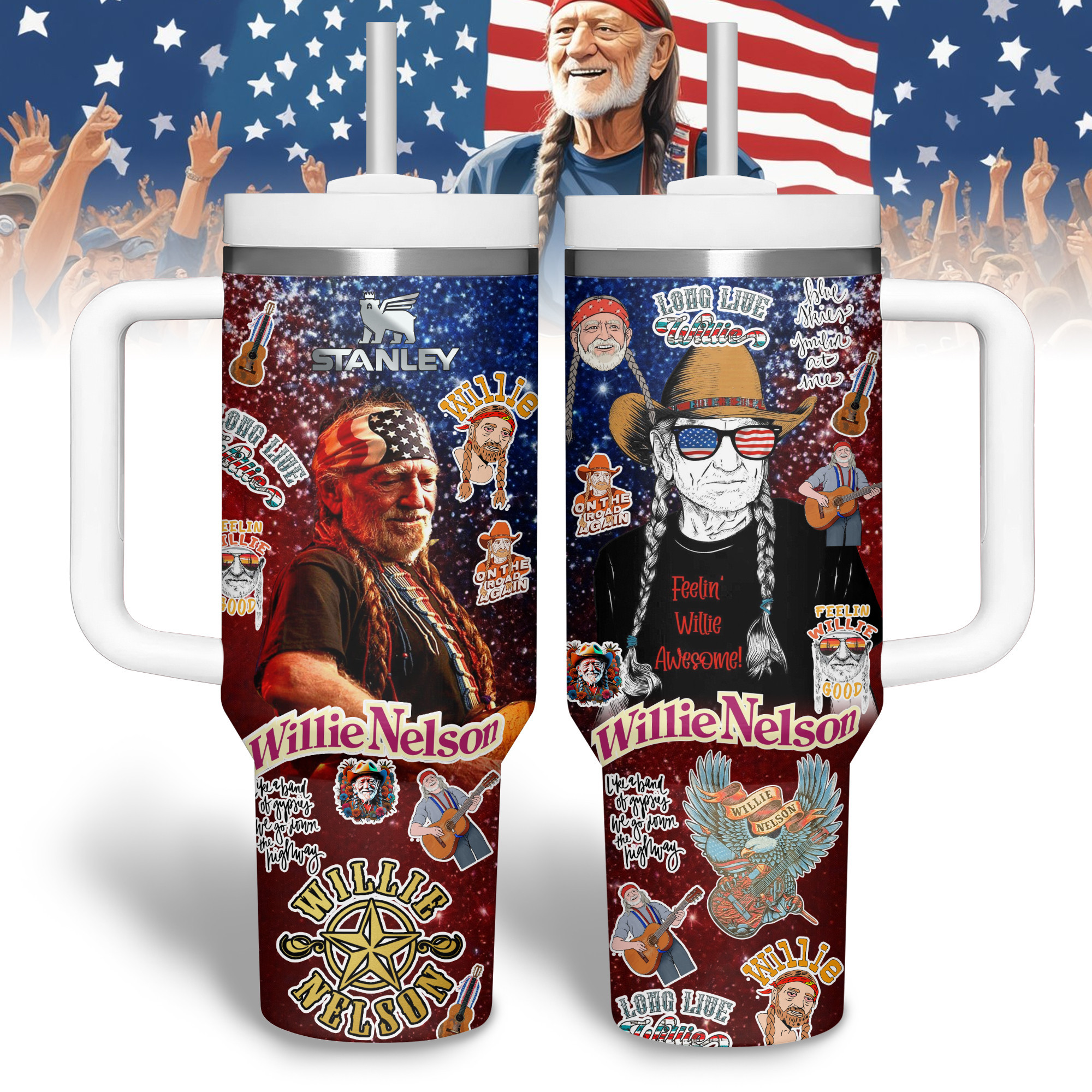 Willie Nelson Music Custom Stanley Quencher 40oz Stainless Steel Tumbler With Handle