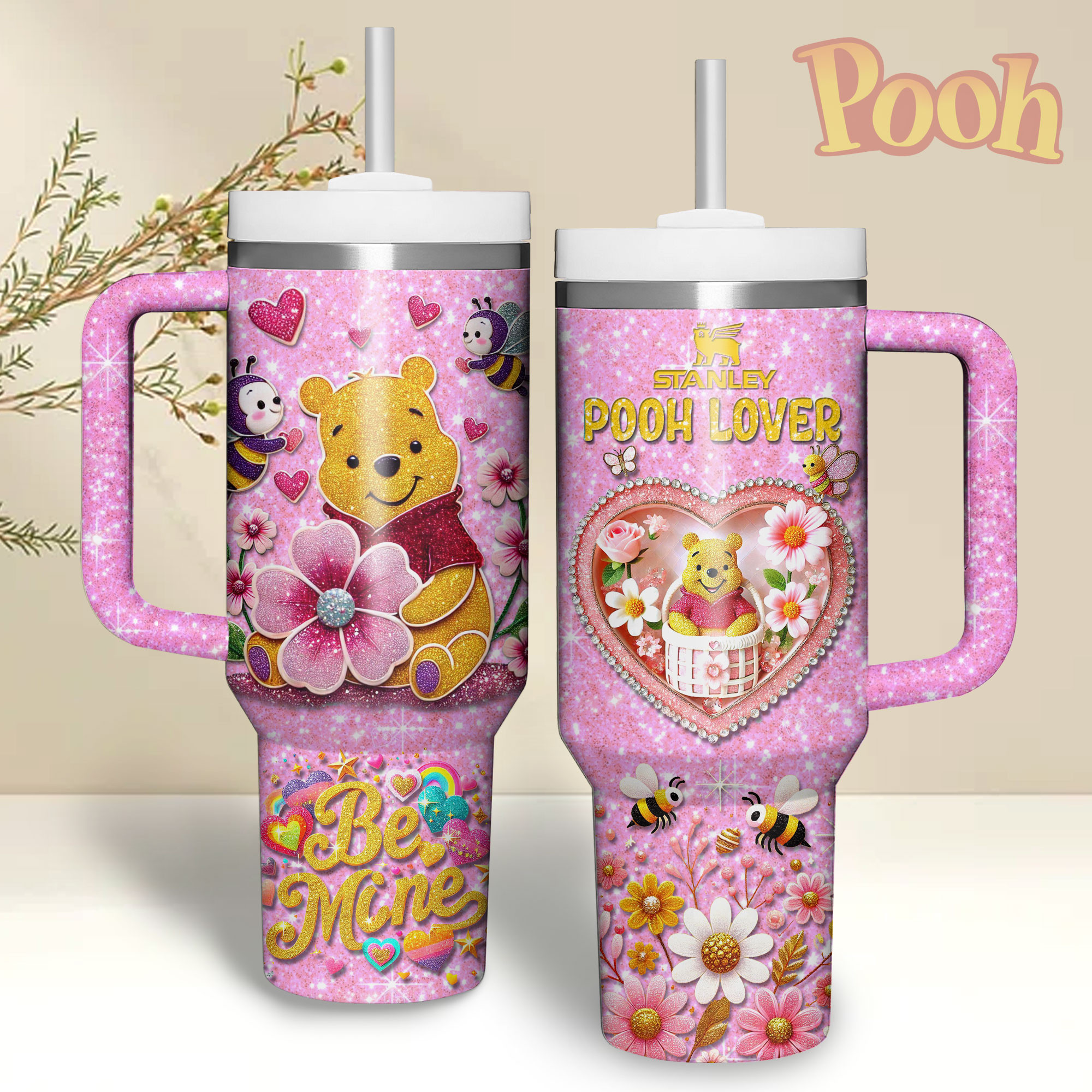 Winnie The Pooh Cartoon Valentine Custom Stanley Quencher 40oz Stainless Steel Tumbler With Handle