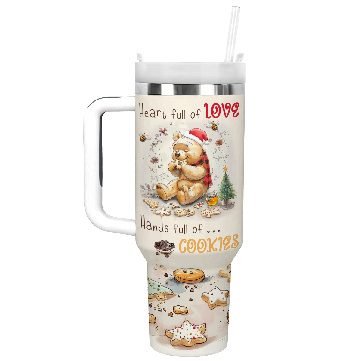 Winnie the Pooh Christmas Cookie Lover Custom Stanley Quencher 40oz Stainless Steel Tumbler With Handle