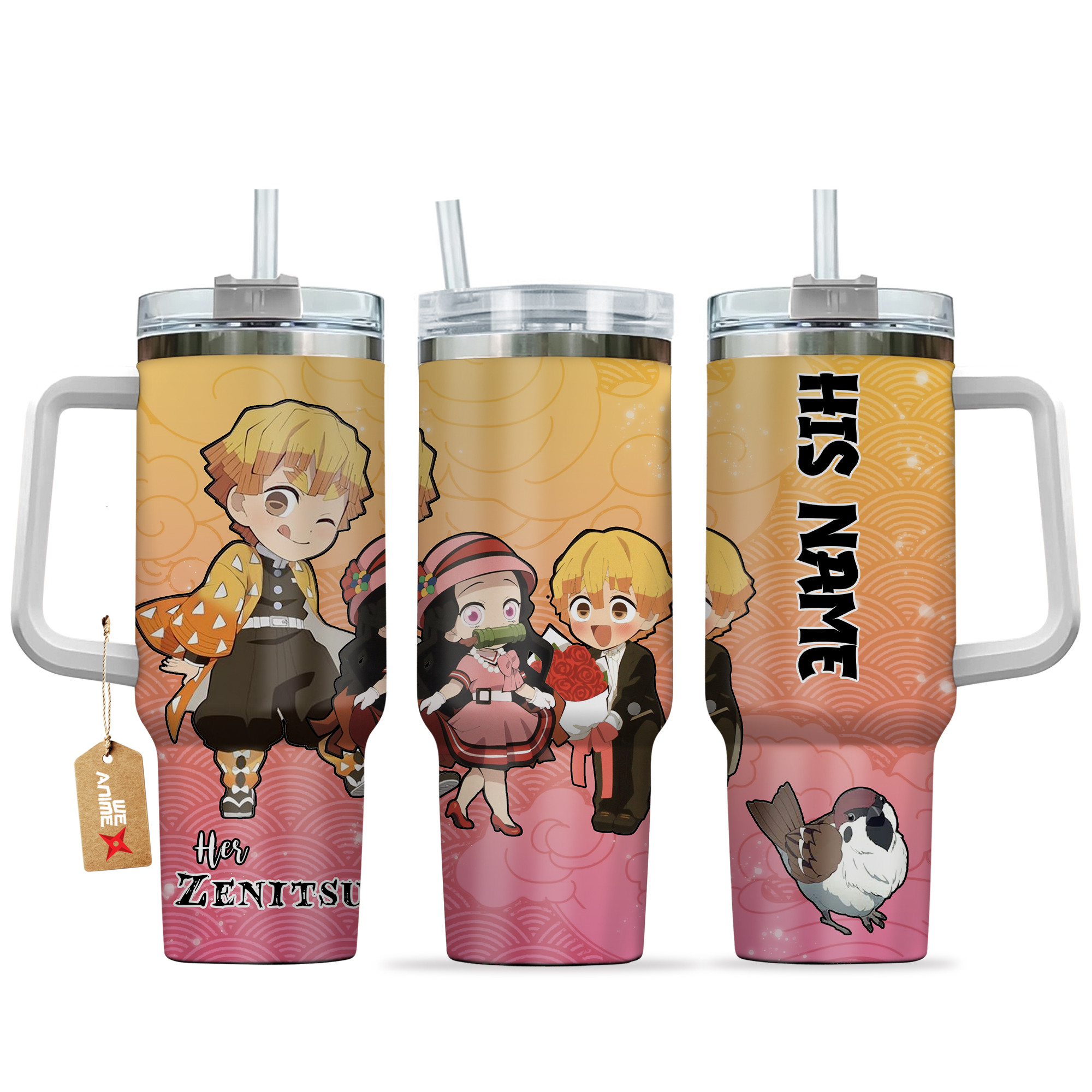 Zenitsu Demon Slayer Anime Valentine Custom Stanley Quencher 40oz Stainless Steel Tumbler With Handle