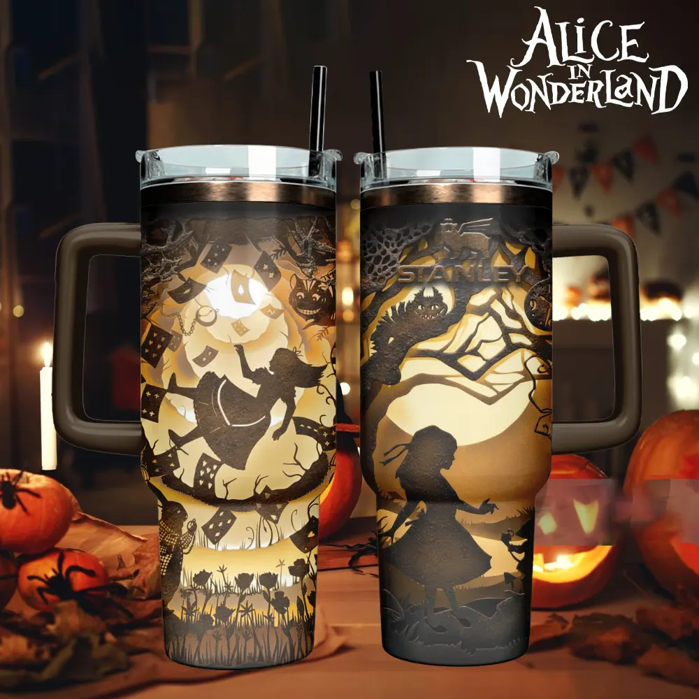 Alice in Wonderland Cartoon Custom Stanley Quencher 40oz Stainless Steel Tumbler With Handle
