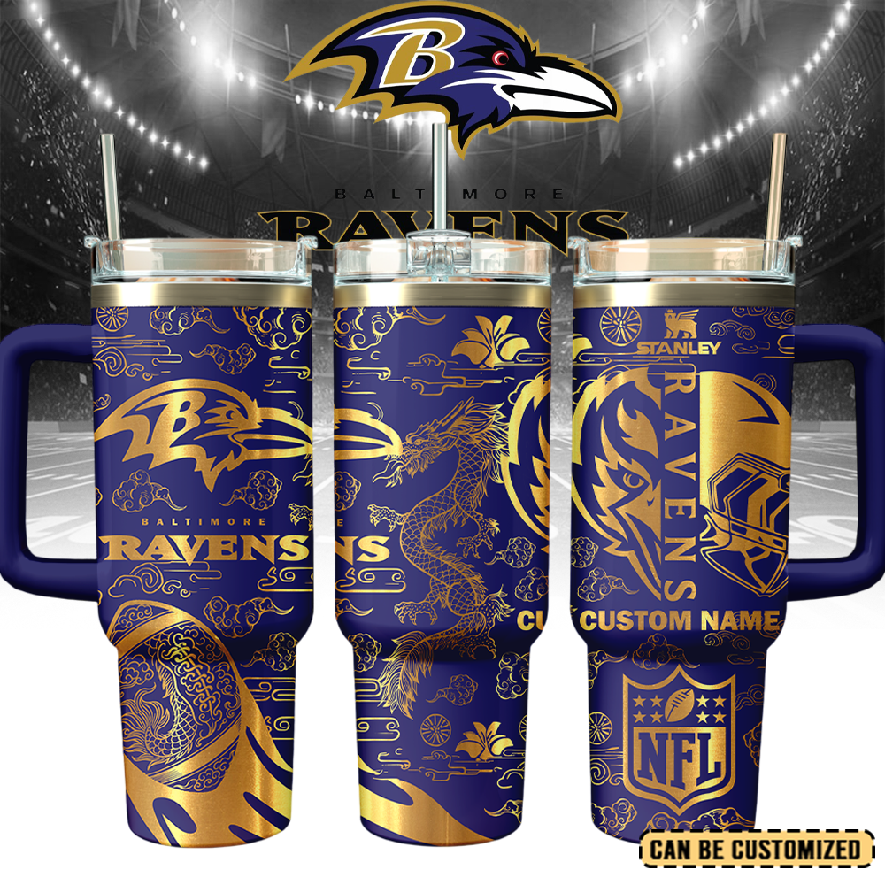 Baltimore Ravens Custom Stanley Quencher 40oz Stainless Steel Tumbler With Handle