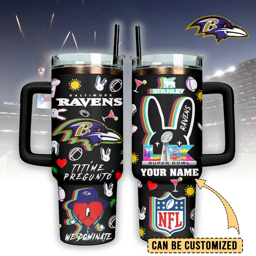 Baltimore Ravens NFL x Bad Bunny Custom Stanley Quencher 40oz Stainless Steel Tumbler With Handle