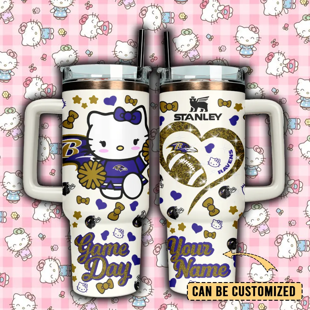 Baltimore Ravens x Hello Kitty Custom Stanley Quencher 40oz Stainless Steel Tumbler With Handle