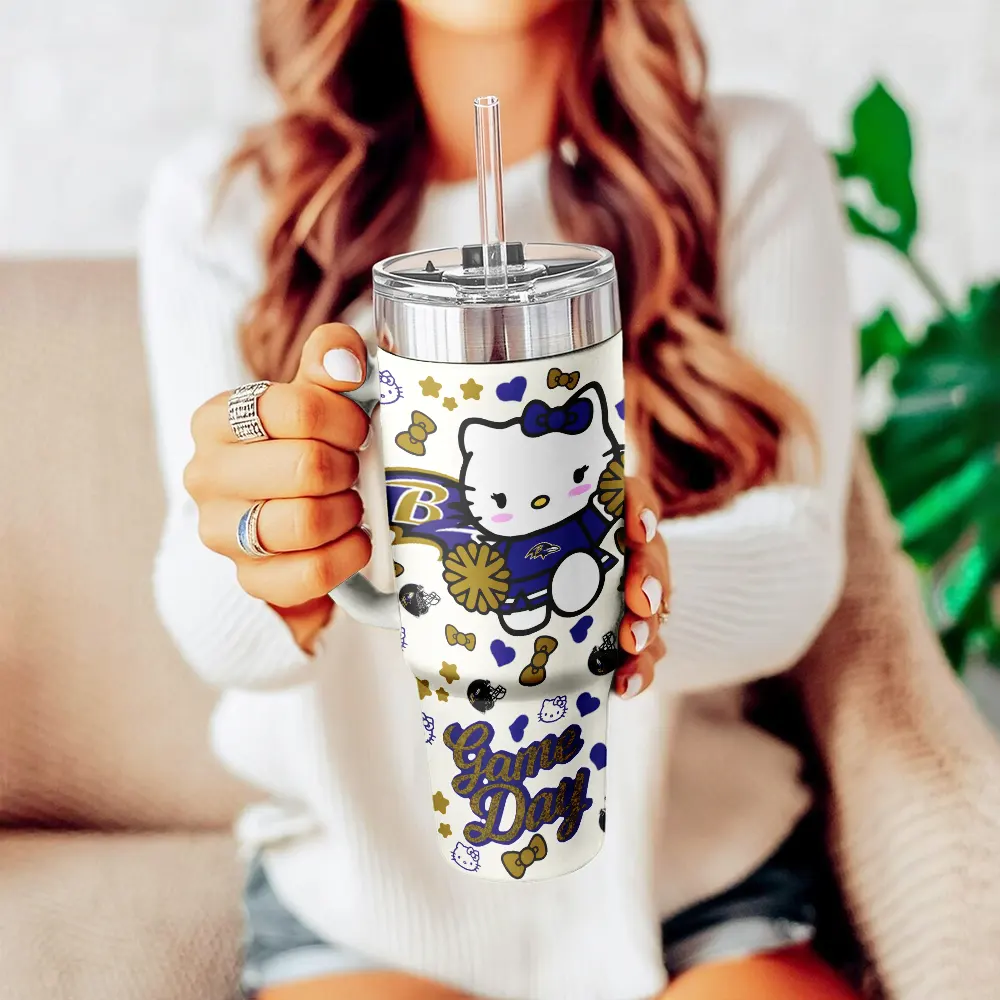 Baltimore Ravens x Hello Kitty Custom Stanley Quencher 40oz Stainless Steel Tumbler With Handle