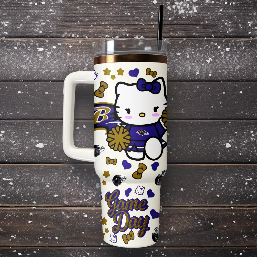 Baltimore Ravens x Hello Kitty Custom Stanley Quencher 40oz Stainless Steel Tumbler With Handle