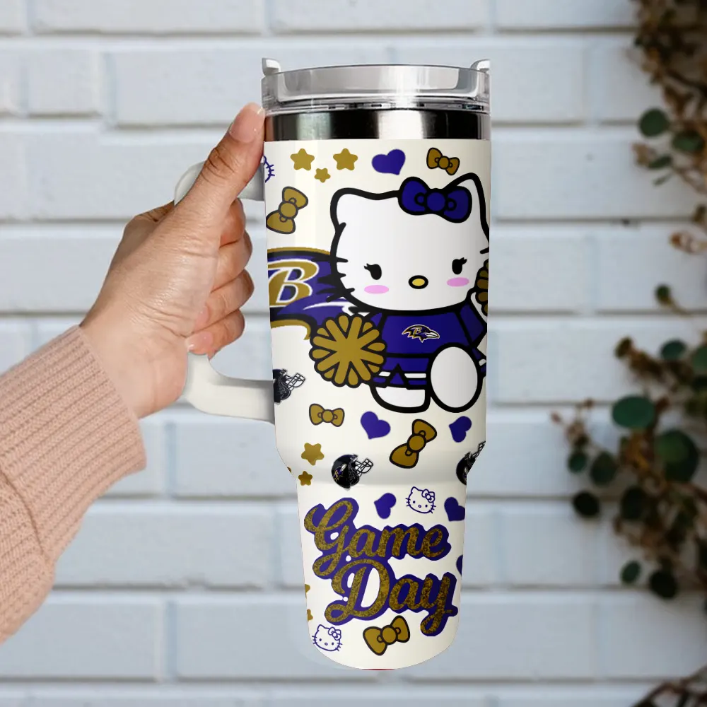 Baltimore Ravens x Hello Kitty Custom Stanley Quencher 40oz Stainless Steel Tumbler With Handle