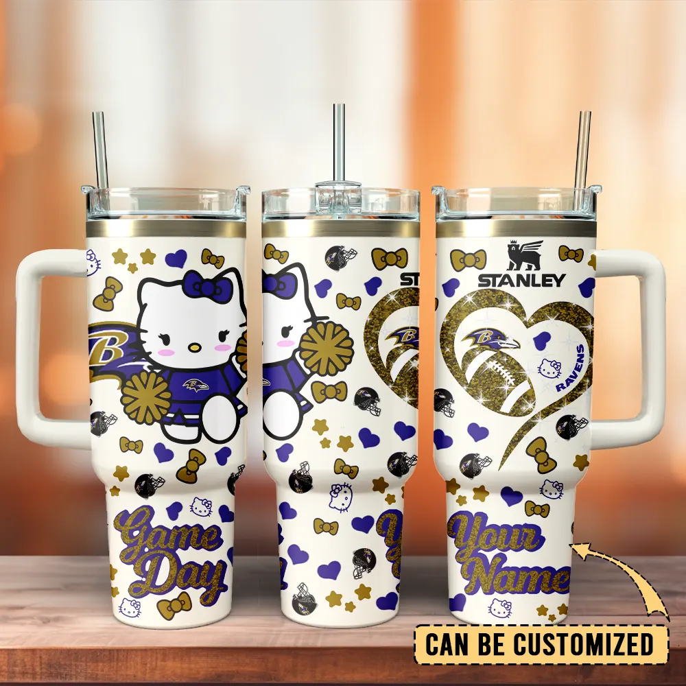 Baltimore Ravens x Hello Kitty Custom Stanley Quencher 40oz Stainless Steel Tumbler With Handle