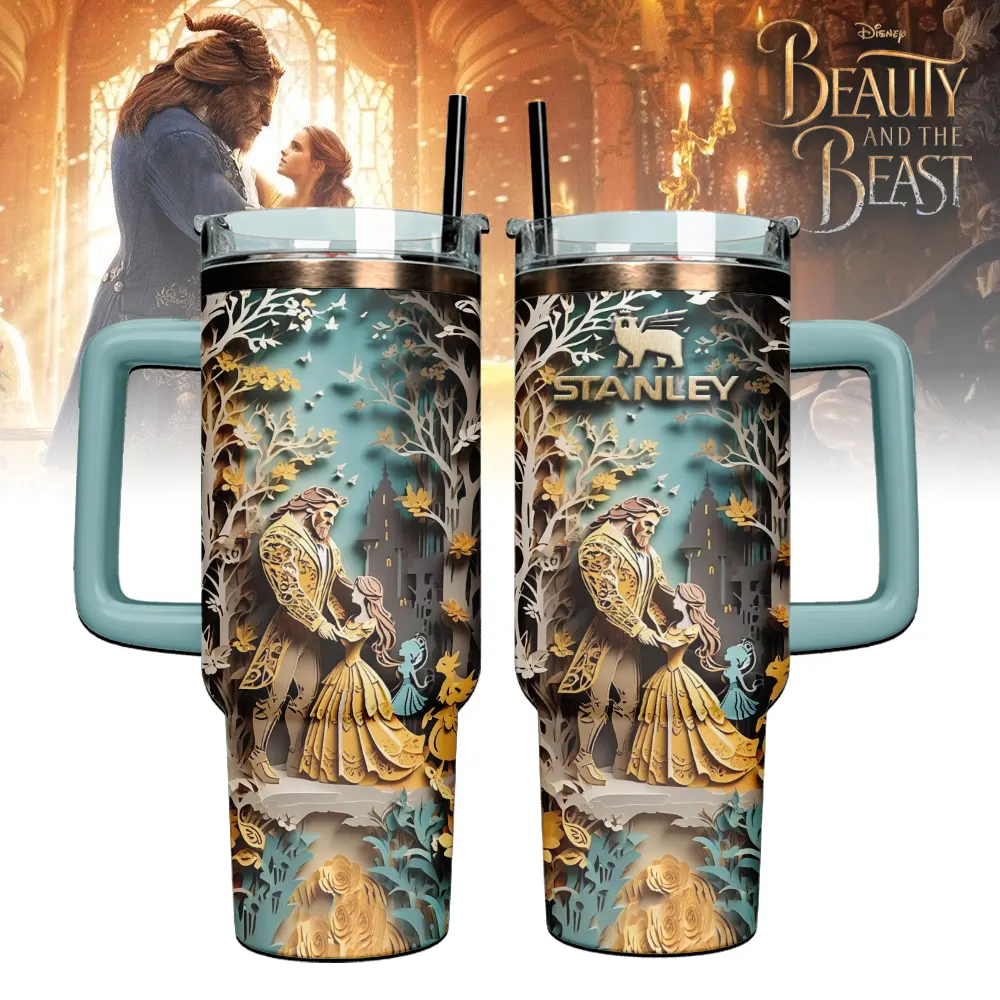 Beauty and the Beast Cartoon Custom Stanley Quencher 40oz Stainless Steel Tumbler With Handle