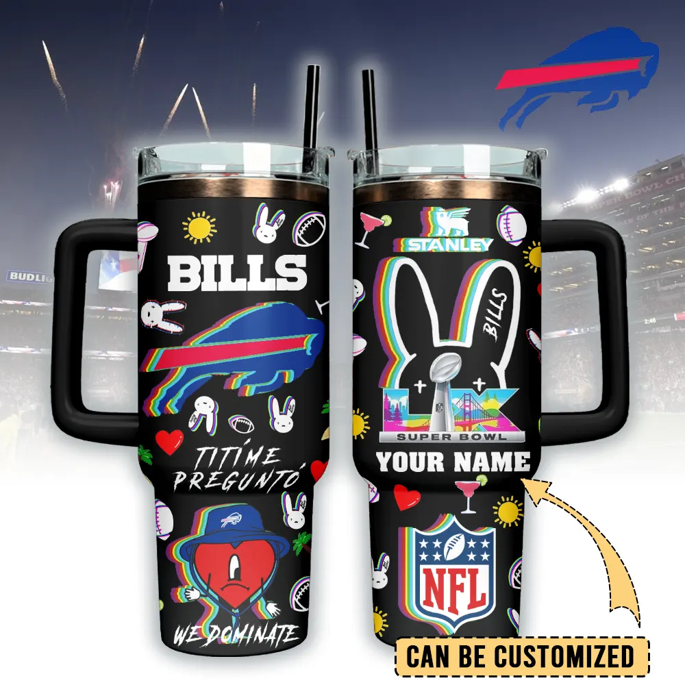 Buffalo Bills NFL x Bad Bunny Custom Stanley Quencher 40oz Stainless Steel Tumbler With Handle