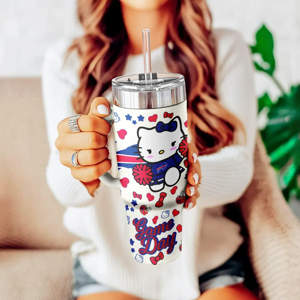 Buffalo Bills x Hello Kitty Custom Stanley Quencher 40oz Stainless Steel Tumbler With Handle