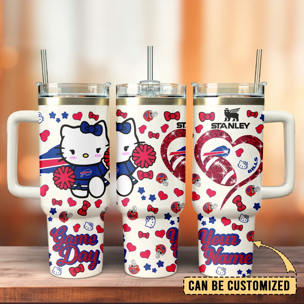 Buffalo Bills x Hello Kitty Custom Stanley Quencher 40oz Stainless Steel Tumbler With Handle