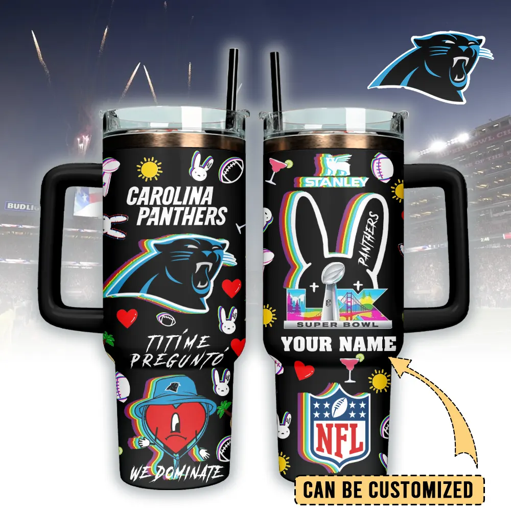 Carolina Panthers NFL x Bad Bunny Custom Stanley Quencher 40oz Stainless Steel Tumbler With Handle