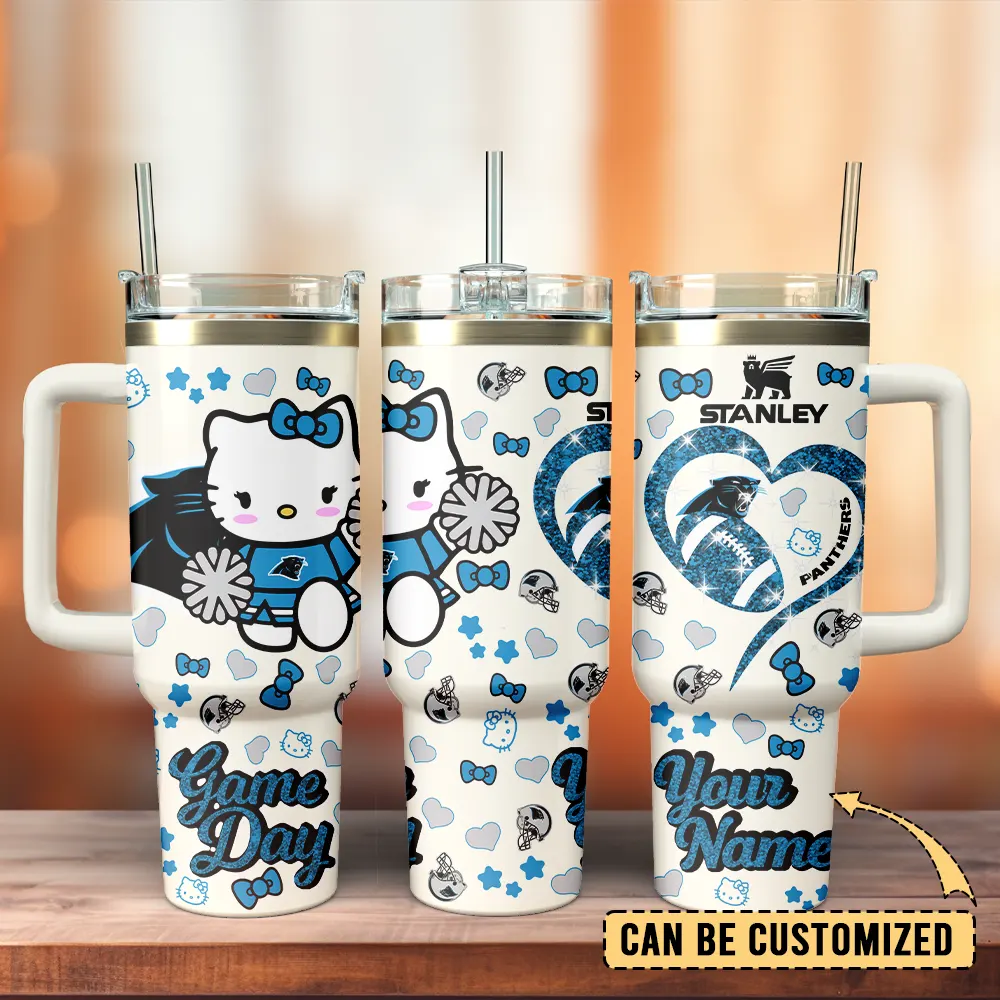 Carolina Panthers x Hello Kitty Custom Stanley Quencher 40oz Stainless Steel Tumbler With Handle