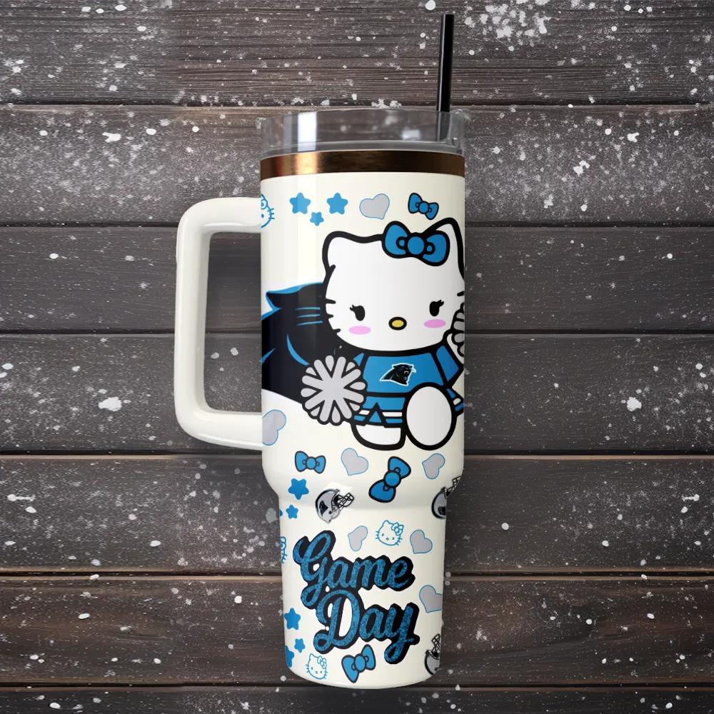 Carolina Panthers x Hello Kitty Custom Stanley Quencher 40oz Stainless Steel Tumbler With Handle