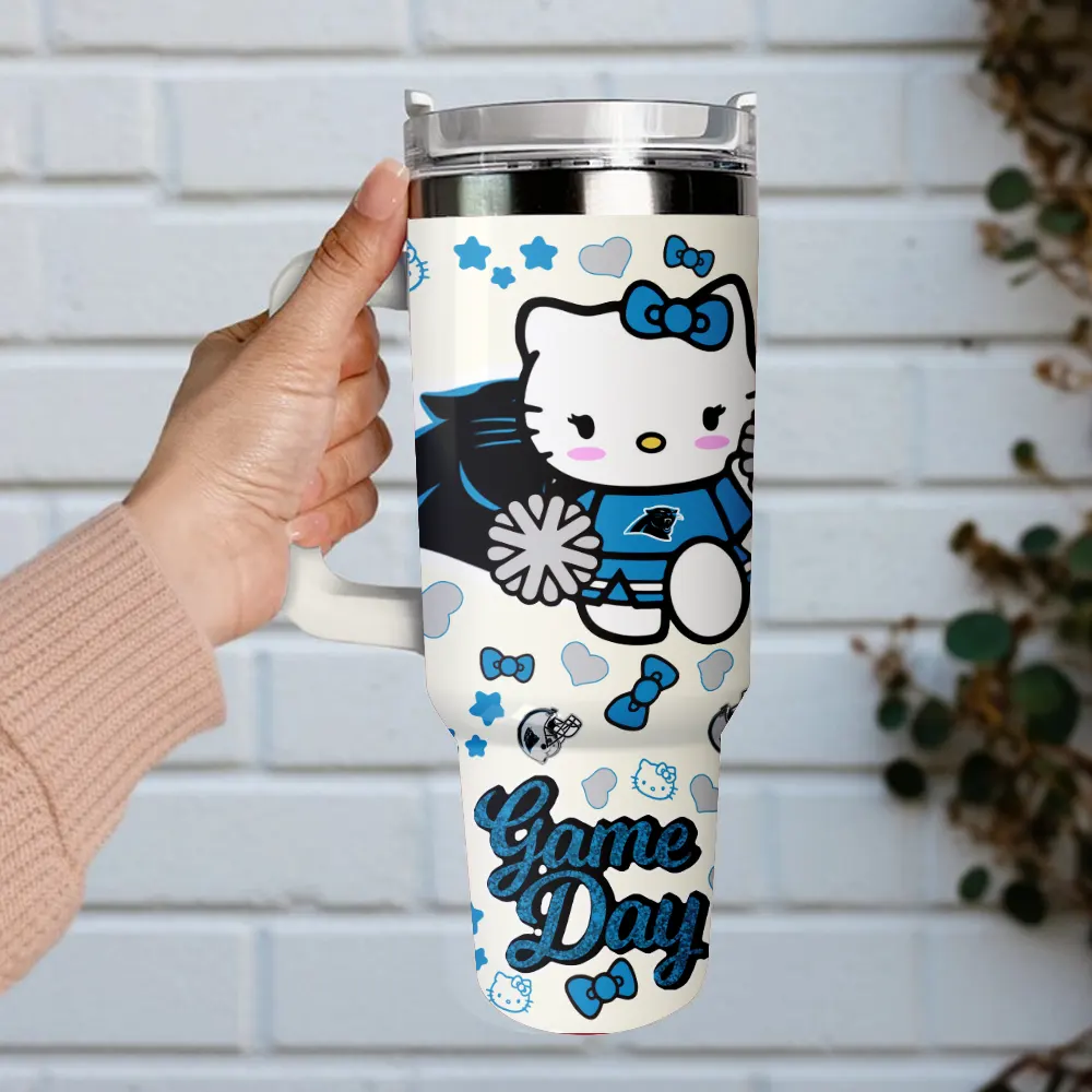 Carolina Panthers x Hello Kitty Custom Stanley Quencher 40oz Stainless Steel Tumbler With Handle
