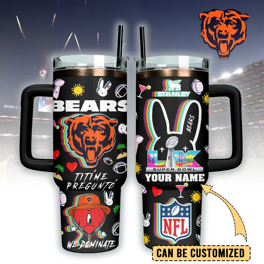 Chicago Bears NFL x Bad Bunny Custom Stanley Quencher 40oz Stainless Steel Tumbler With Handle