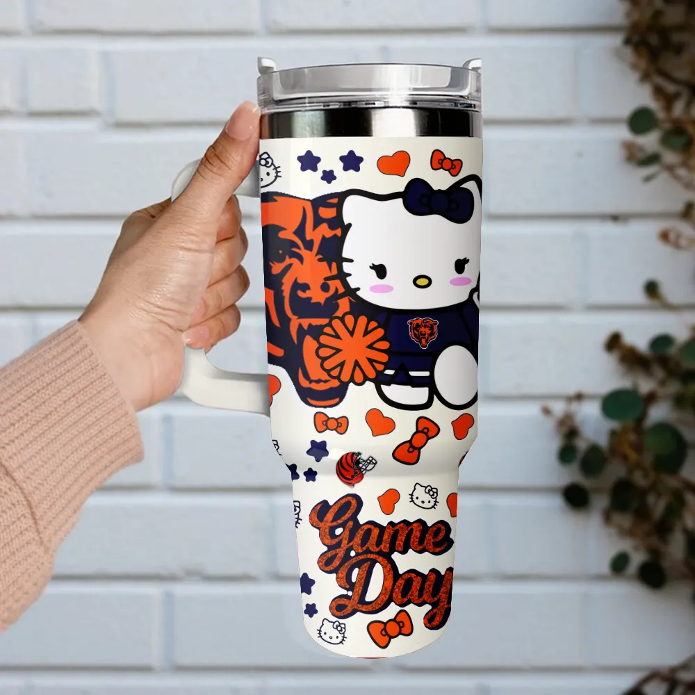 Chicago Bears x Hello Kitty Custom Stanley Quencher 40oz Stainless Steel Tumbler With Handle