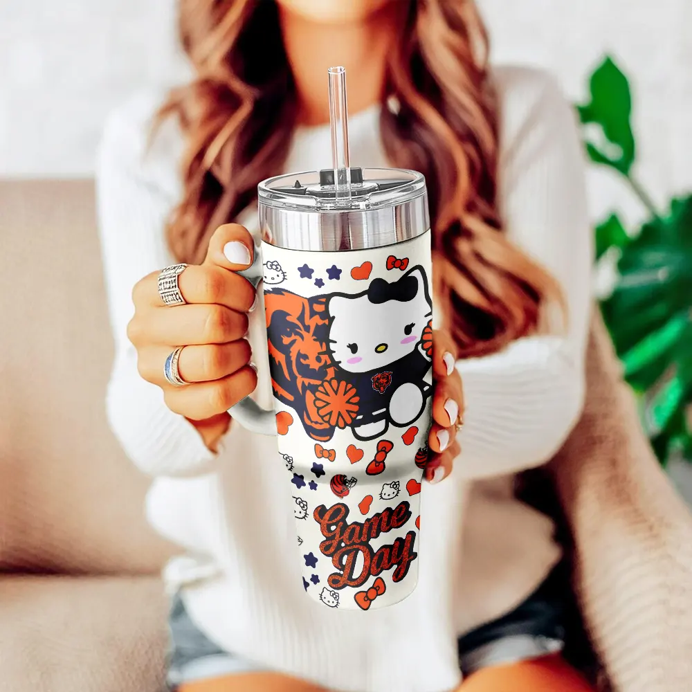 Chicago Bears x Hello Kitty Custom Stanley Quencher 40oz Stainless Steel Tumbler With Handle