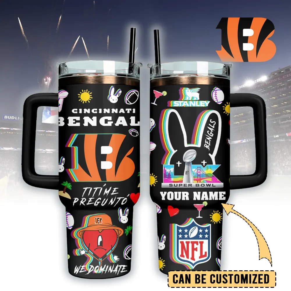 Cincinnati Bengals NFL x Bad Bunny Custom Stanley Quencher 40oz Stainless Steel Tumbler With Handle