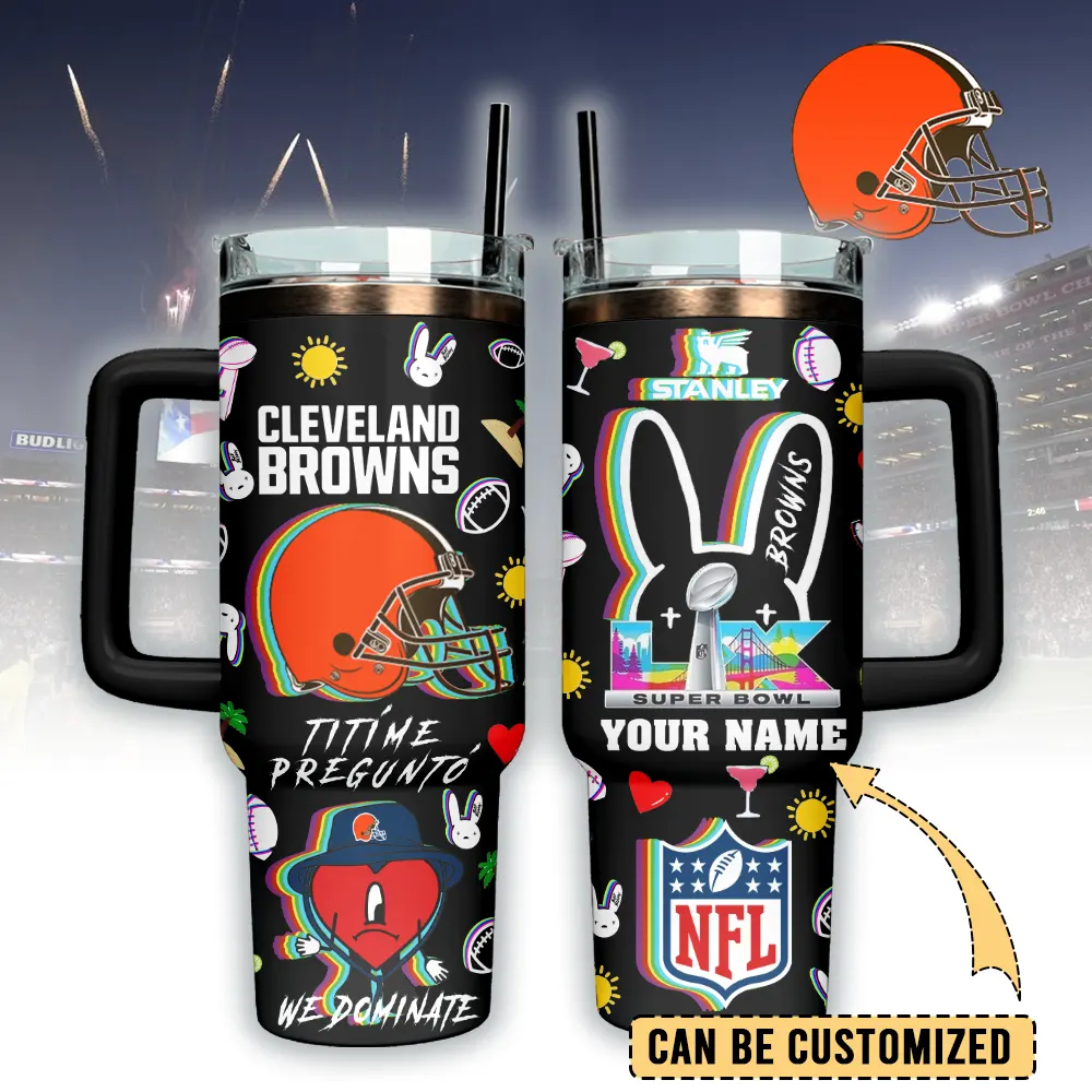 Cleveland Browns NFL x Bad Bunny Custom Stanley Quencher 40oz Stainless Steel Tumbler With Handle