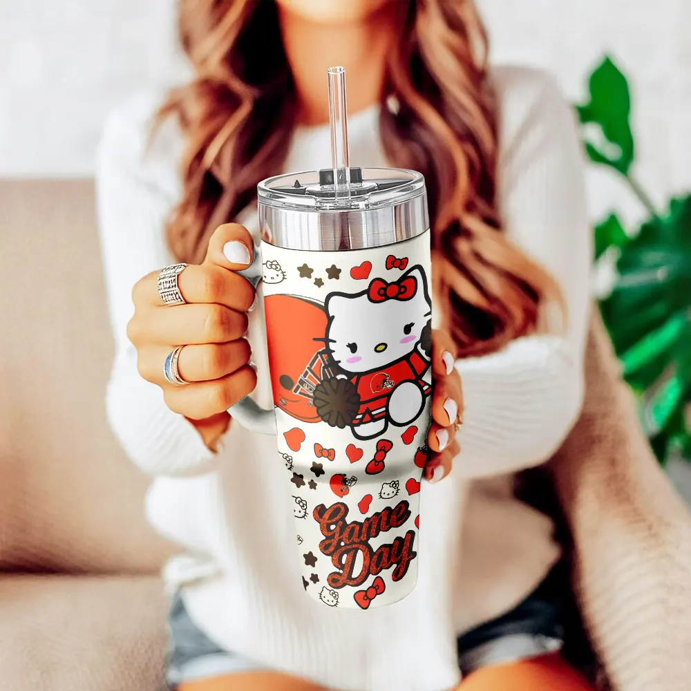 Cleveland Browns x Hello Kitty Custom Stanley Quencher 40oz Stainless Steel Tumbler With Handle