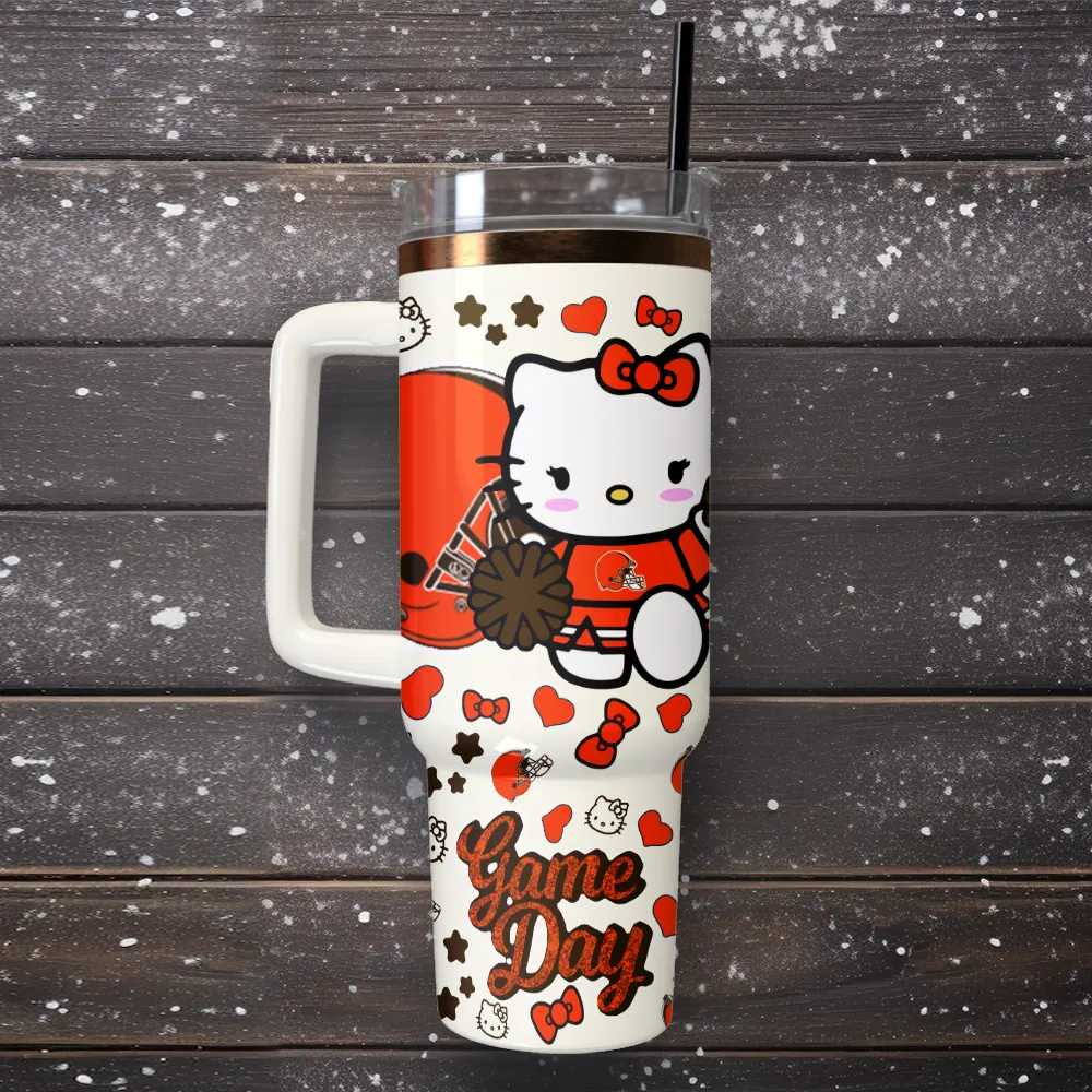 Cleveland Browns x Hello Kitty Custom Stanley Quencher 40oz Stainless Steel Tumbler With Handle