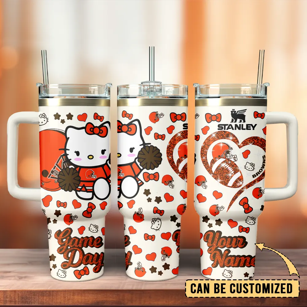 Cleveland Browns x Hello Kitty Custom Stanley Quencher 40oz Stainless Steel Tumbler With Handle