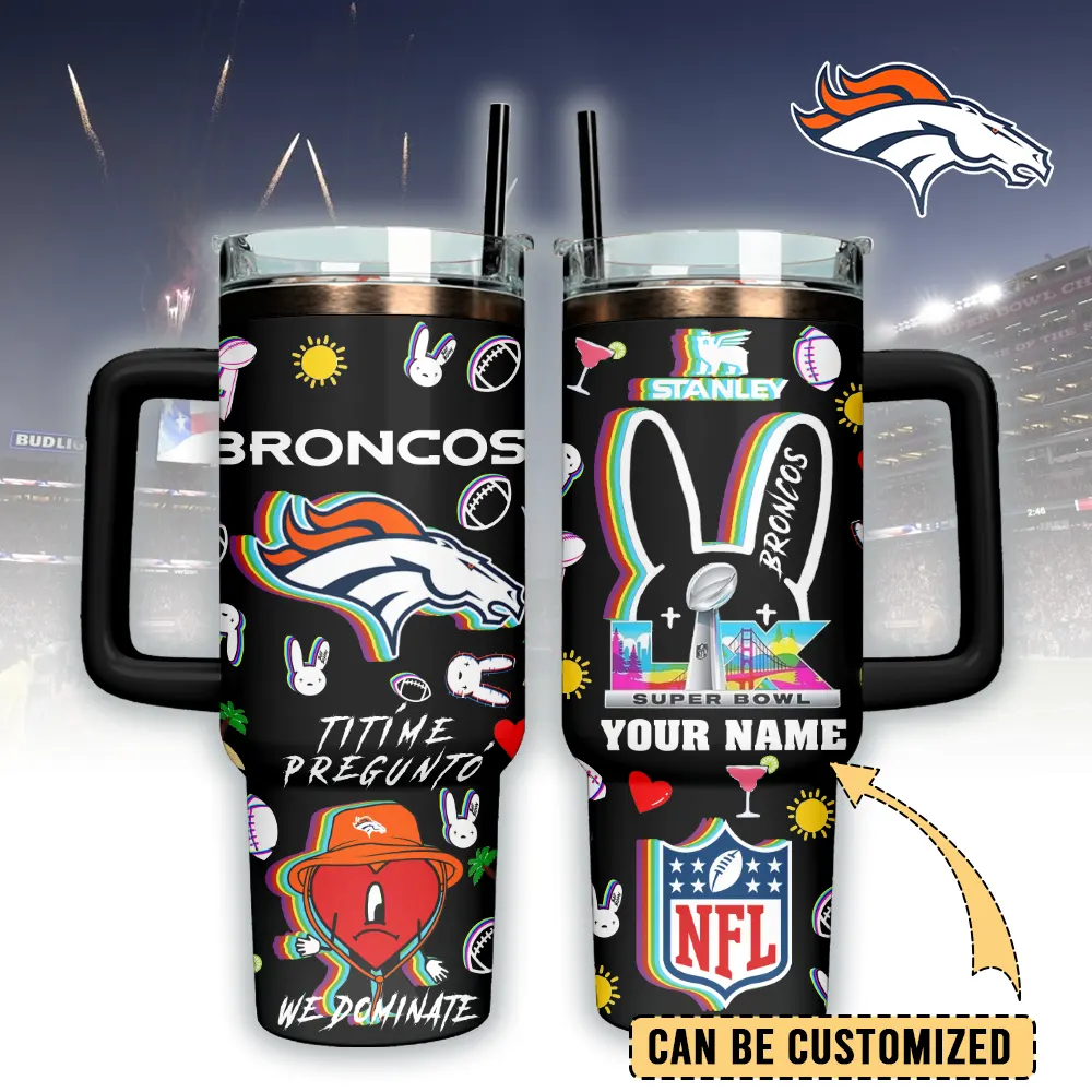 Denver Broncos NFL x Bad Bunny Custom Stanley Quencher 40oz Stainless Steel Tumbler With Handle