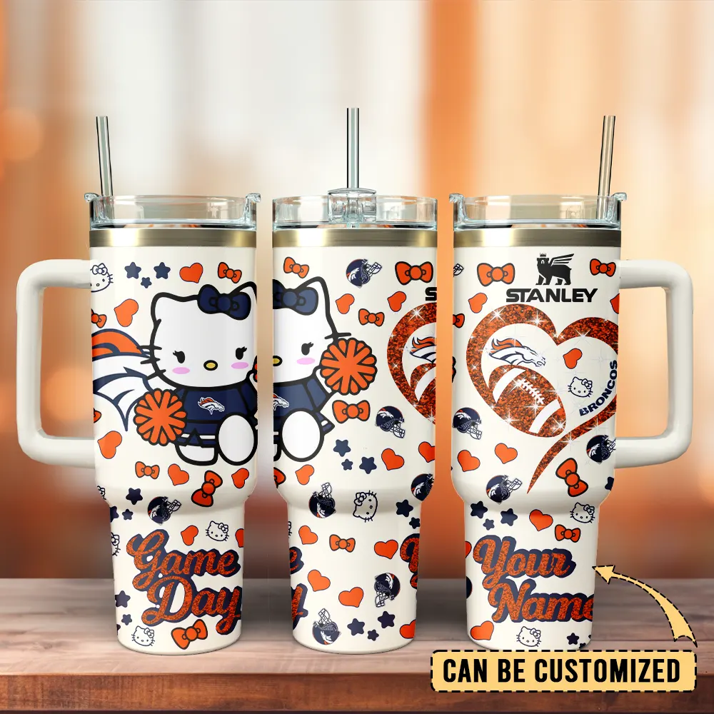 Denver Broncos x Hello Kitty Custom Stanley Quencher 40oz Stainless Steel Tumbler With Handle