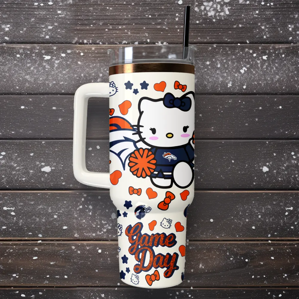Denver Broncos x Hello Kitty Custom Stanley Quencher 40oz Stainless Steel Tumbler With Handle