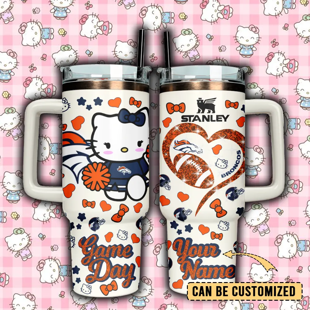 Denver Broncos x Hello Kitty Custom Stanley Quencher 40oz Stainless Steel Tumbler With Handle