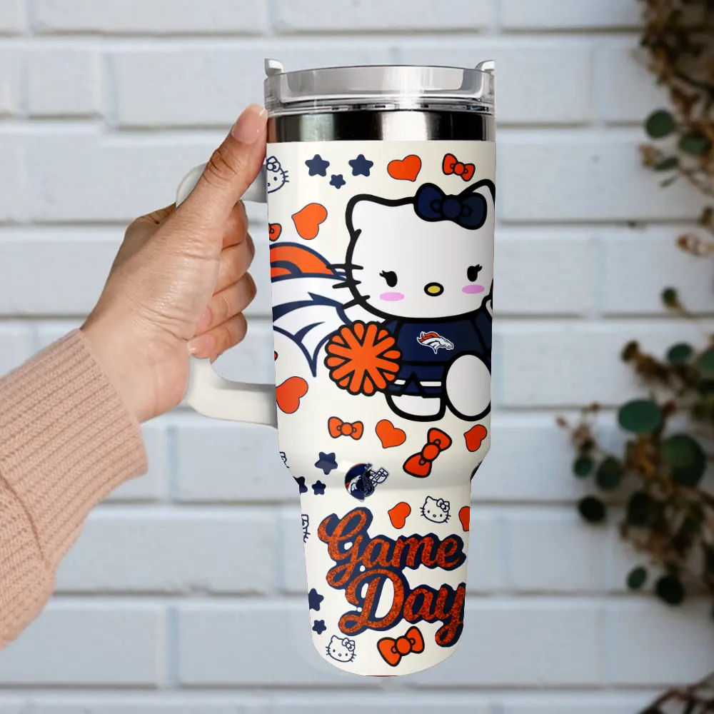 Denver Broncos x Hello Kitty Custom Stanley Quencher 40oz Stainless Steel Tumbler With Handle