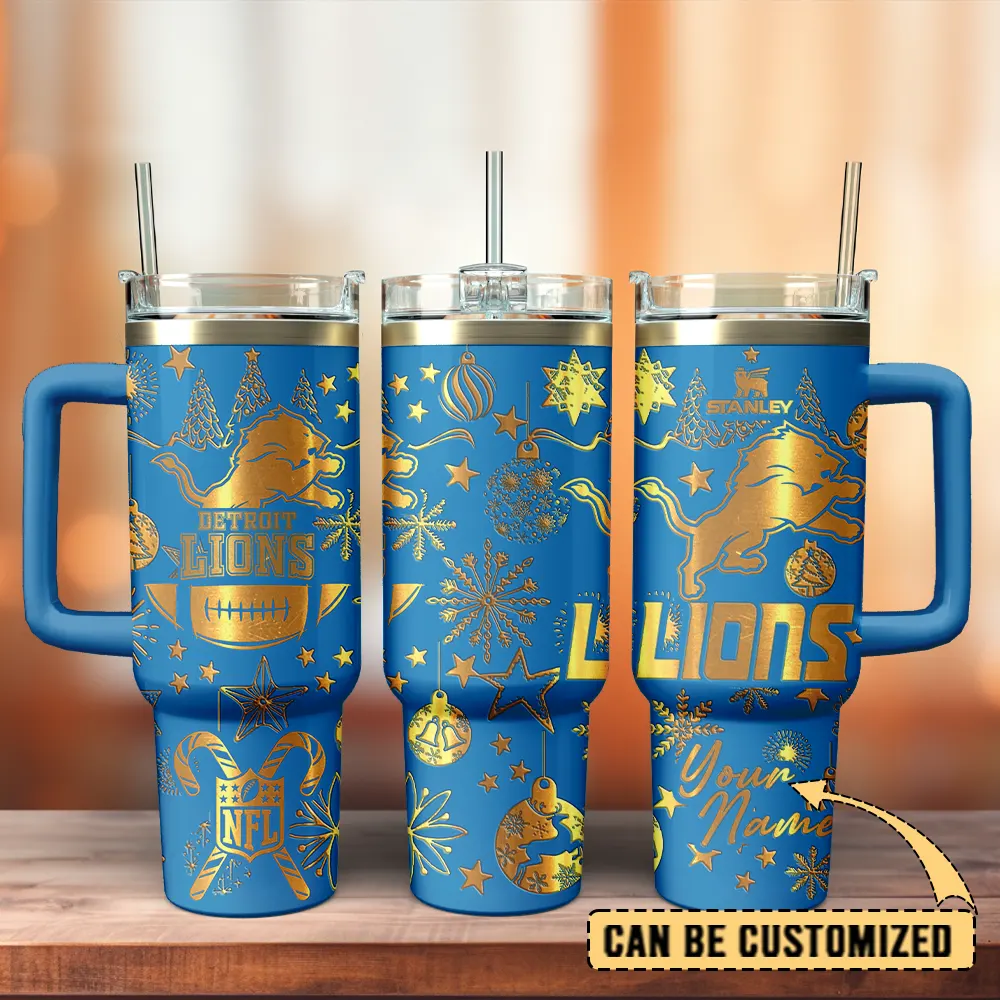Detroit Lions Custom Stanley Quencher 40oz Stainless Steel Tumbler With Handle