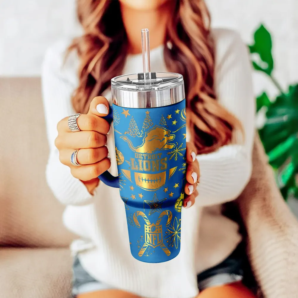 Detroit Lions Custom Stanley Quencher 40oz Stainless Steel Tumbler With Handle
