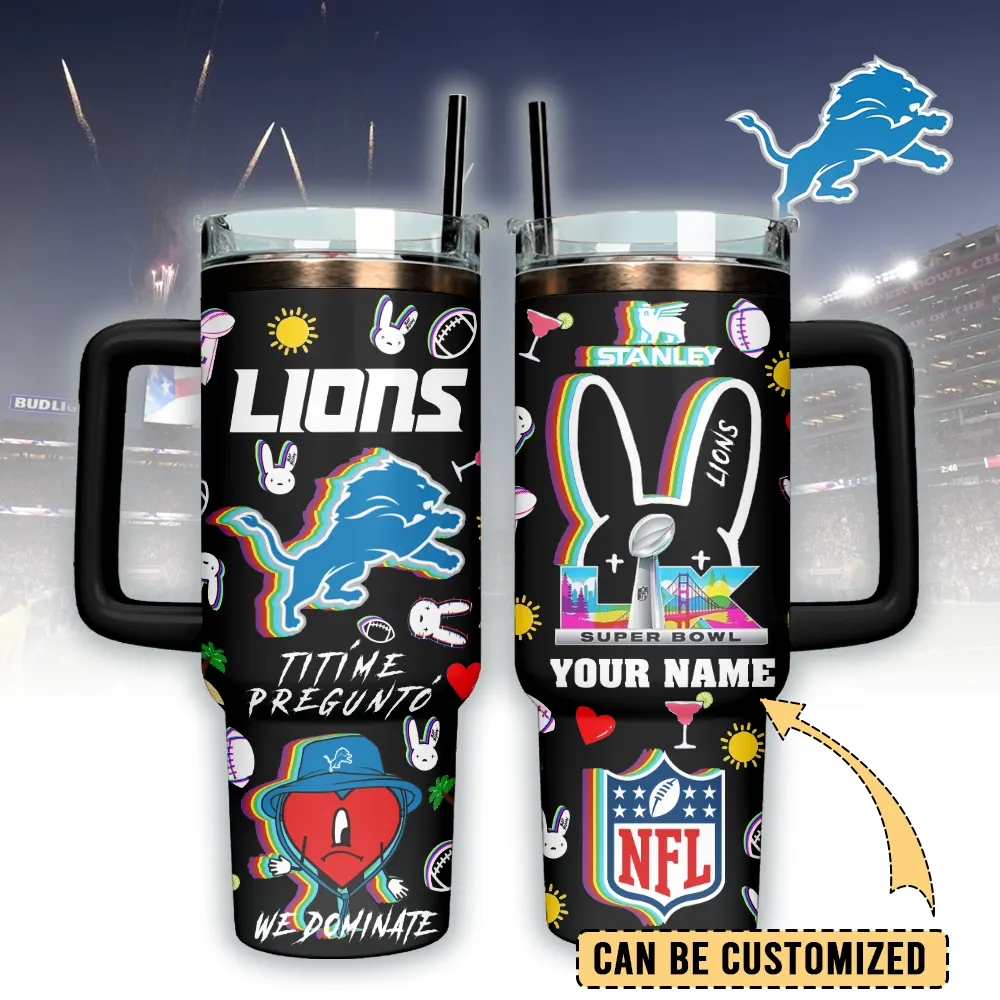 Detroit Lions NFL x Bad Bunny Custom Stanley Quencher 40oz Stainless Steel Tumbler With Handle