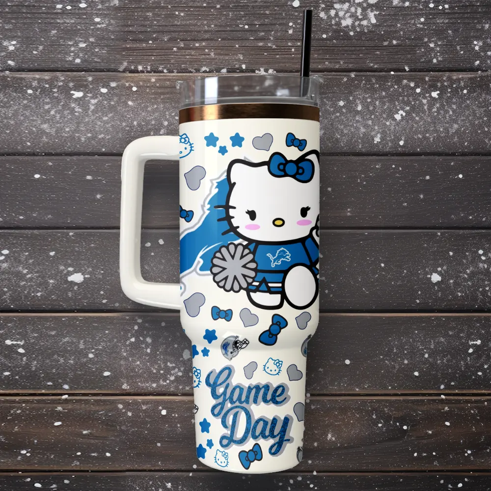 Detroit Lions x Hello Kitty Custom Stanley Quencher 40oz Stainless Steel Tumbler With Handle