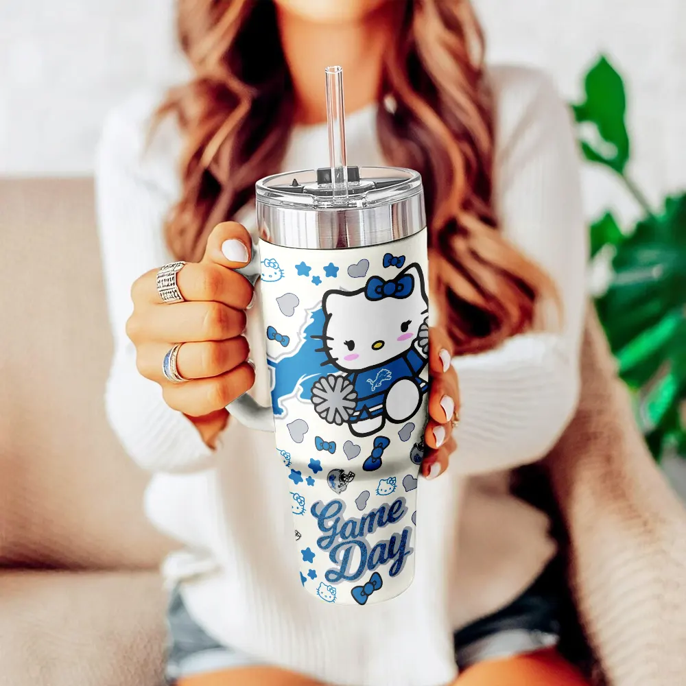 Detroit Lions x Hello Kitty Custom Stanley Quencher 40oz Stainless Steel Tumbler With Handle