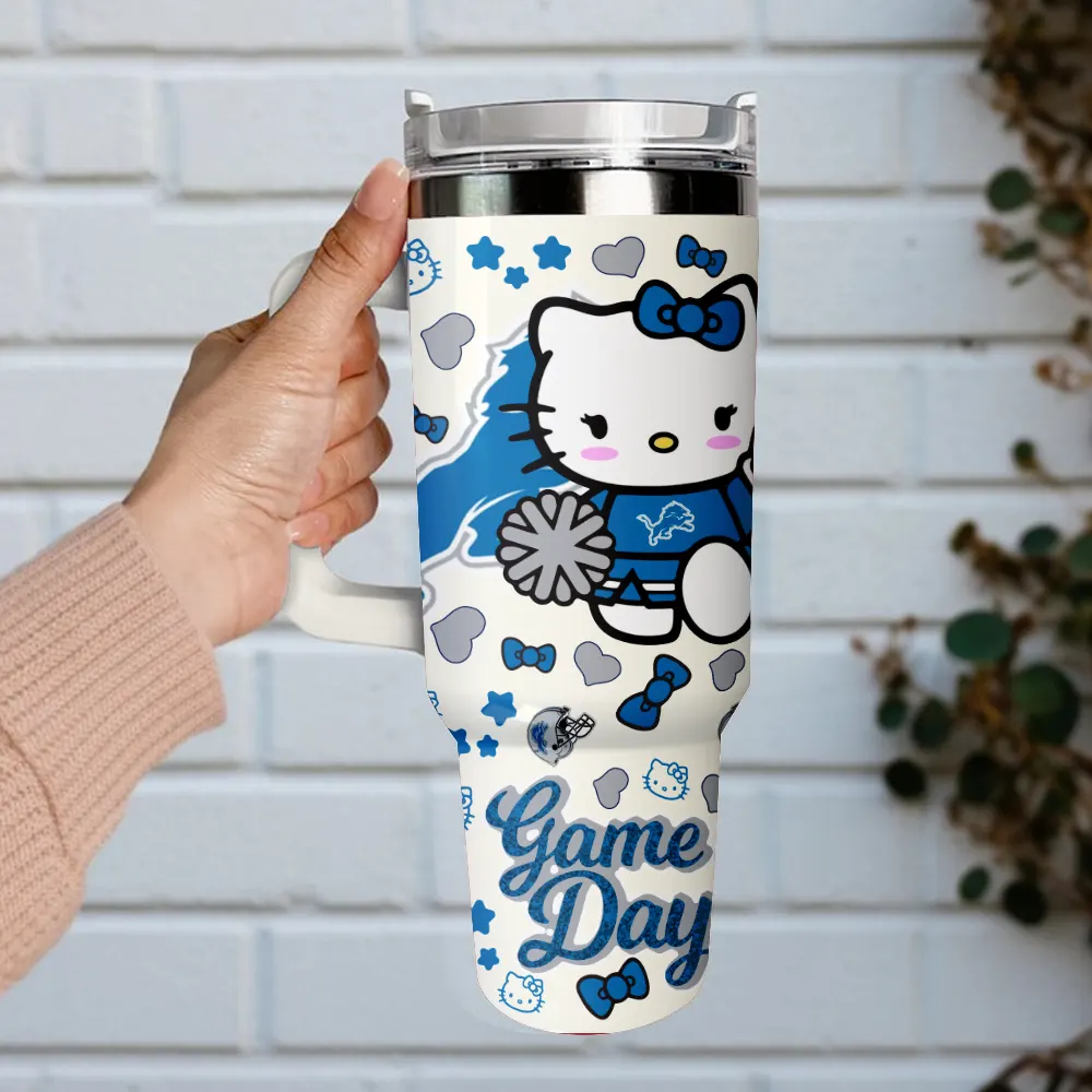 Detroit Lions x Hello Kitty Custom Stanley Quencher 40oz Stainless Steel Tumbler With Handle