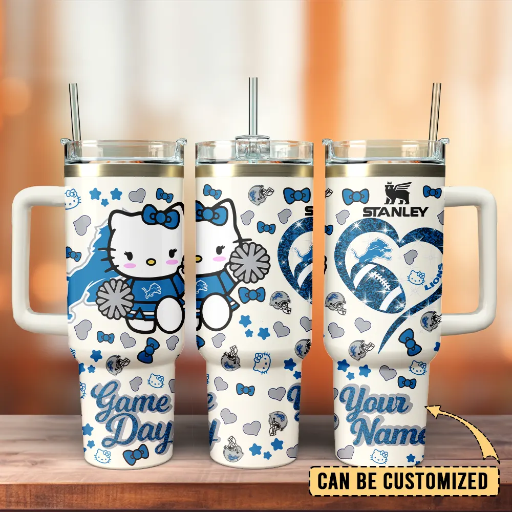Detroit Lions x Hello Kitty Custom Stanley Quencher 40oz Stainless Steel Tumbler With Handle