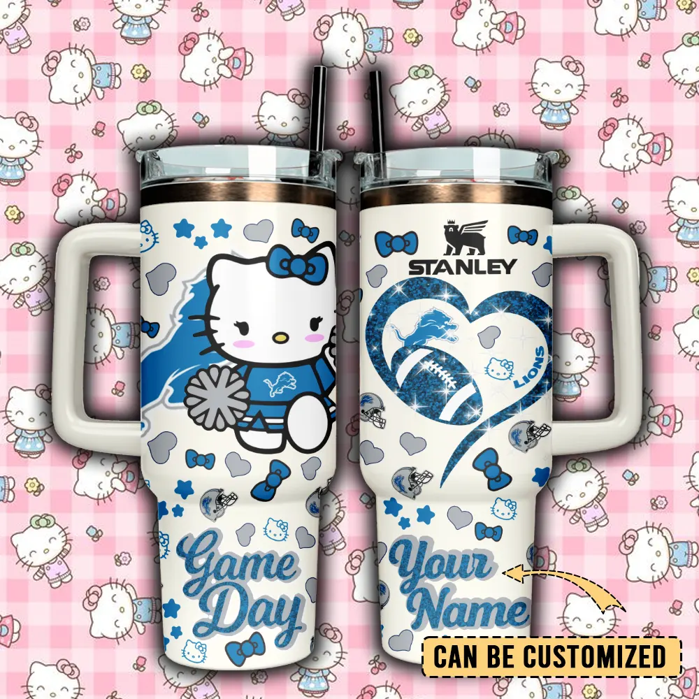 Detroit Lions x Hello Kitty Custom Stanley Quencher 40oz Stainless Steel Tumbler With Handle