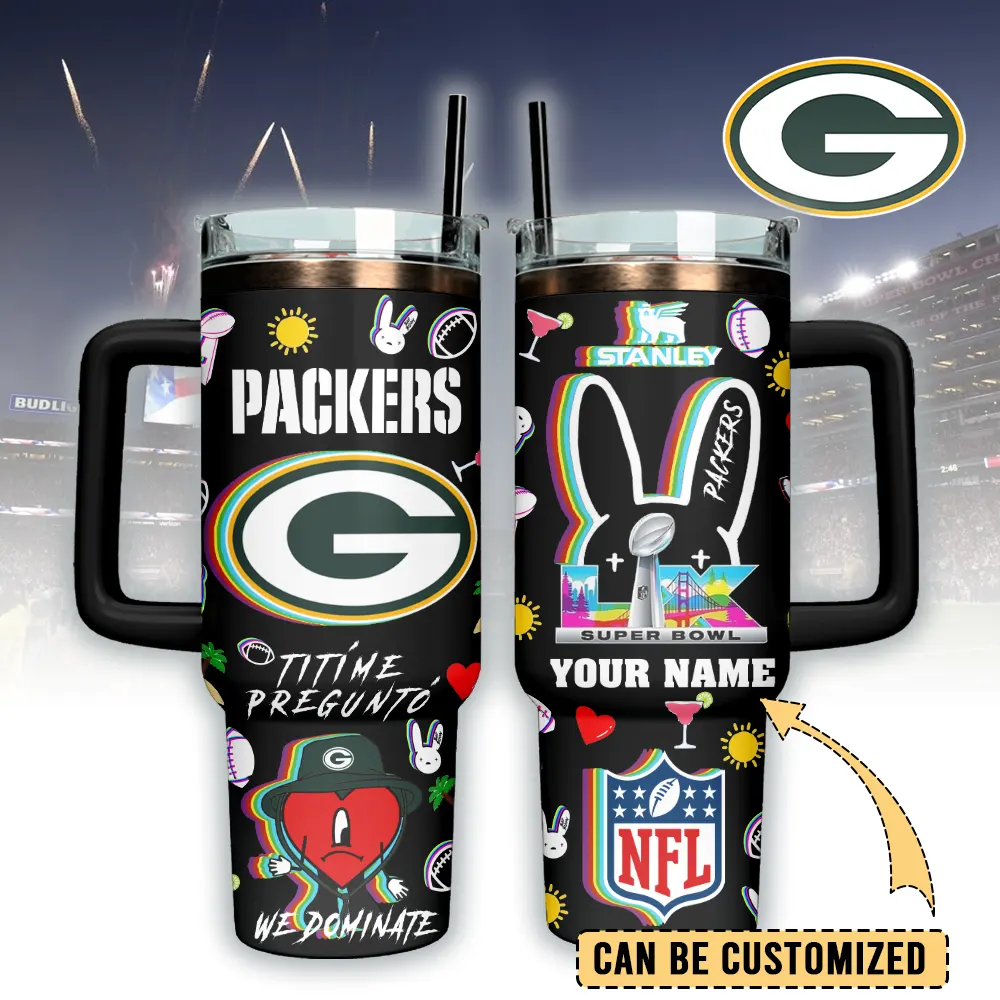 Green Bay Packers NFL x Bad Bunny Custom Stanley Quencher 40oz Stainless Steel Tumbler With Handle