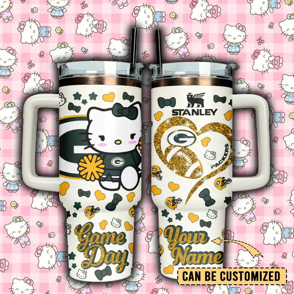 Green Bay Packers x Hello Kitty Custom Stanley Quencher 40oz Stainless Steel Tumbler With Handle