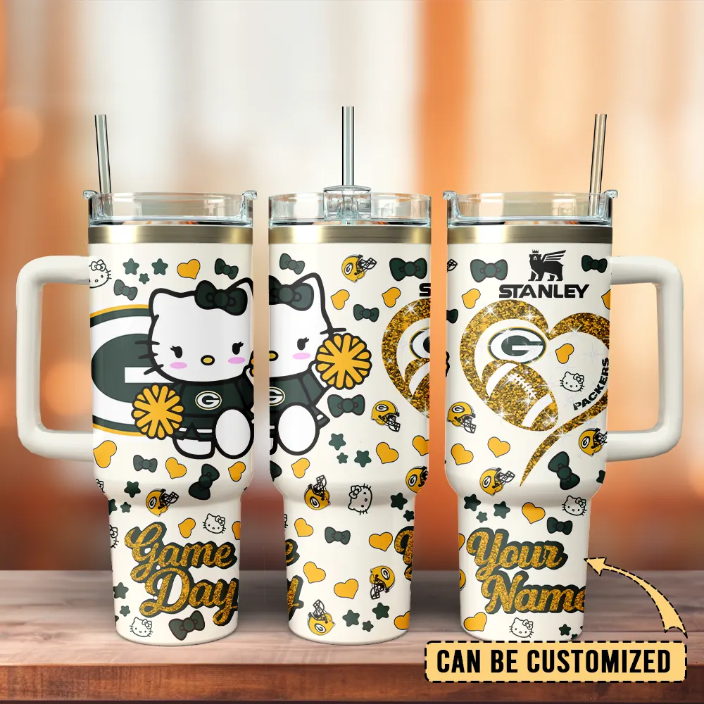 Green Bay Packers x Hello Kitty Custom Stanley Quencher 40oz Stainless Steel Tumbler With Handle