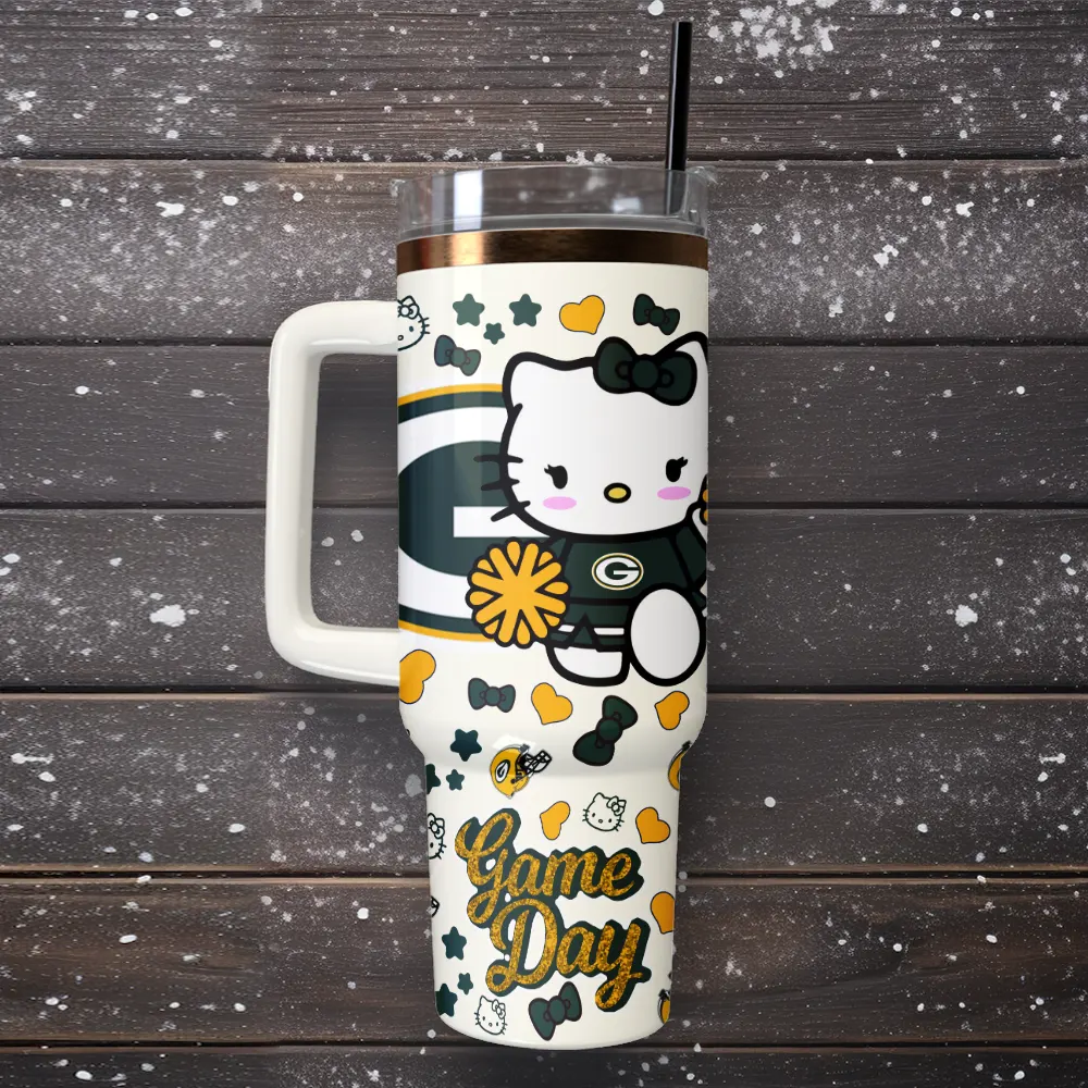 Green Bay Packers x Hello Kitty Custom Stanley Quencher 40oz Stainless Steel Tumbler With Handle